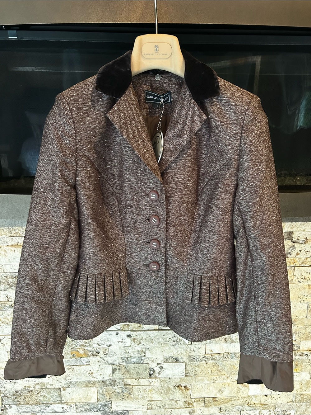 NWT George Simonton Women's Brown Tweed Button Jacket with Velvet Collar